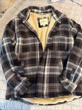 American Eagle Outfitters Black Gray Blue Plaid Sherpa-Lined Jacket